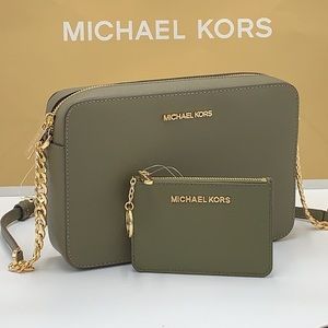 MICHAEL KORS LARGE EAST WEST CROSSBODY & Top Zip Coinpouch With ID Card OLIVE